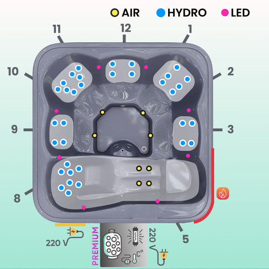Product view of a square wood-fired hot tub with hydro massage, Thermowood cladding, reclining position, 34 hydro jets