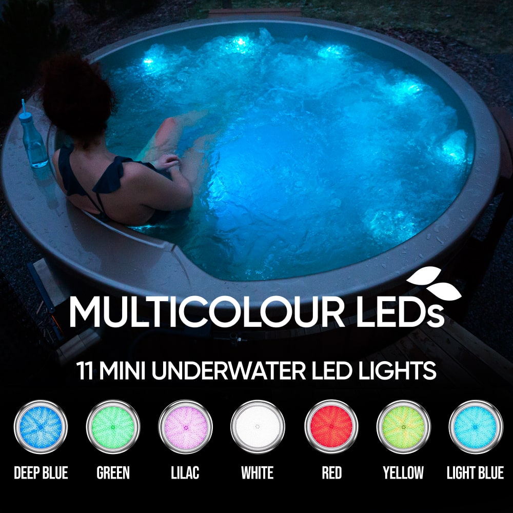 Person in a hot tub with multicolored LED lights.
