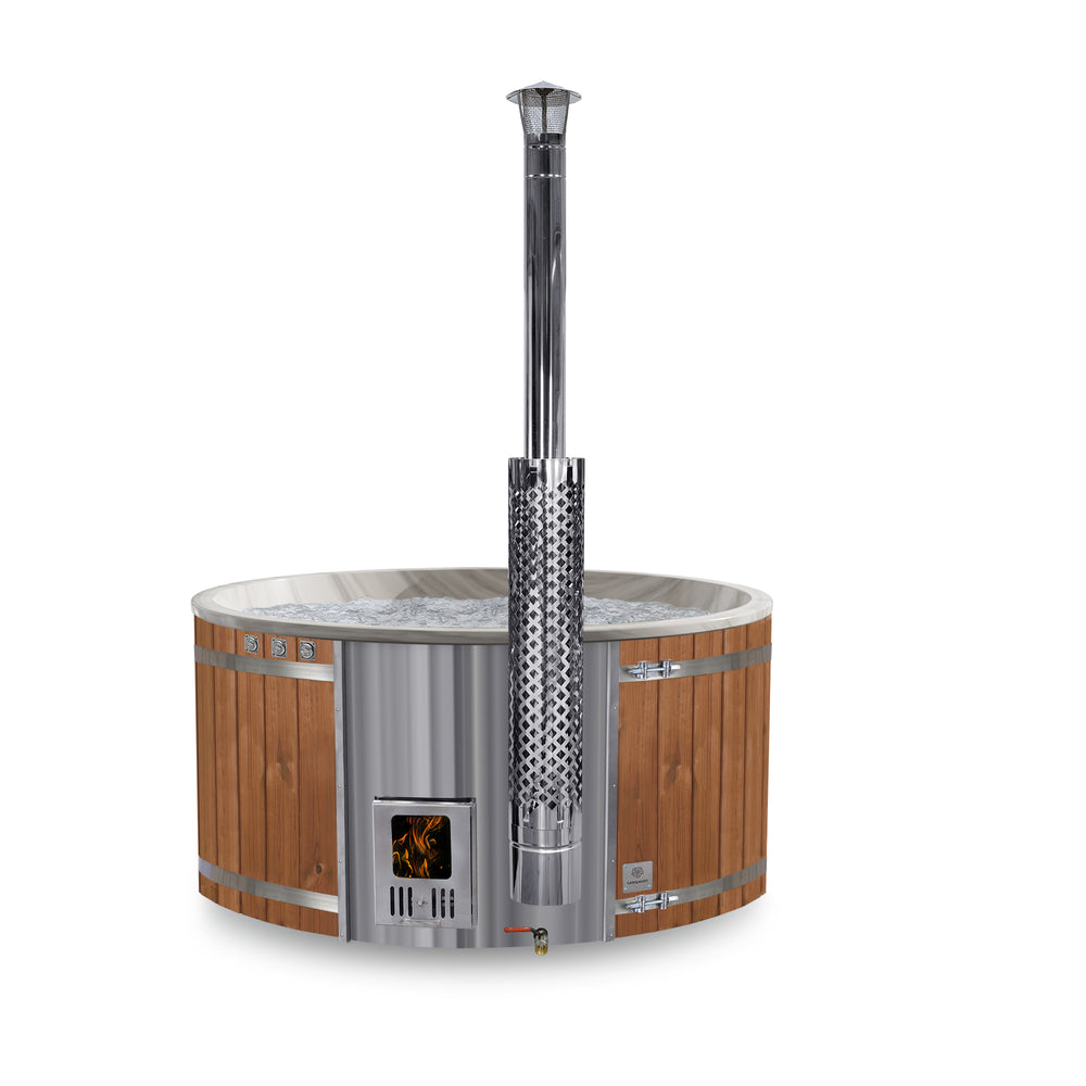 A round wood fired hot tub with marble colors, featuring wooden cladding and a stainless steel chimney.
