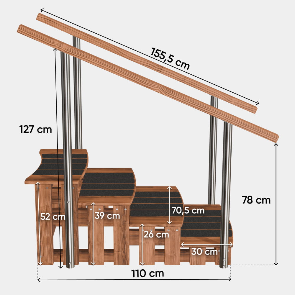 Premium hot tub steps with handrails, shown with dimensions: 13 cm step height, 127 cm handrail height and 155.5 cm rail length