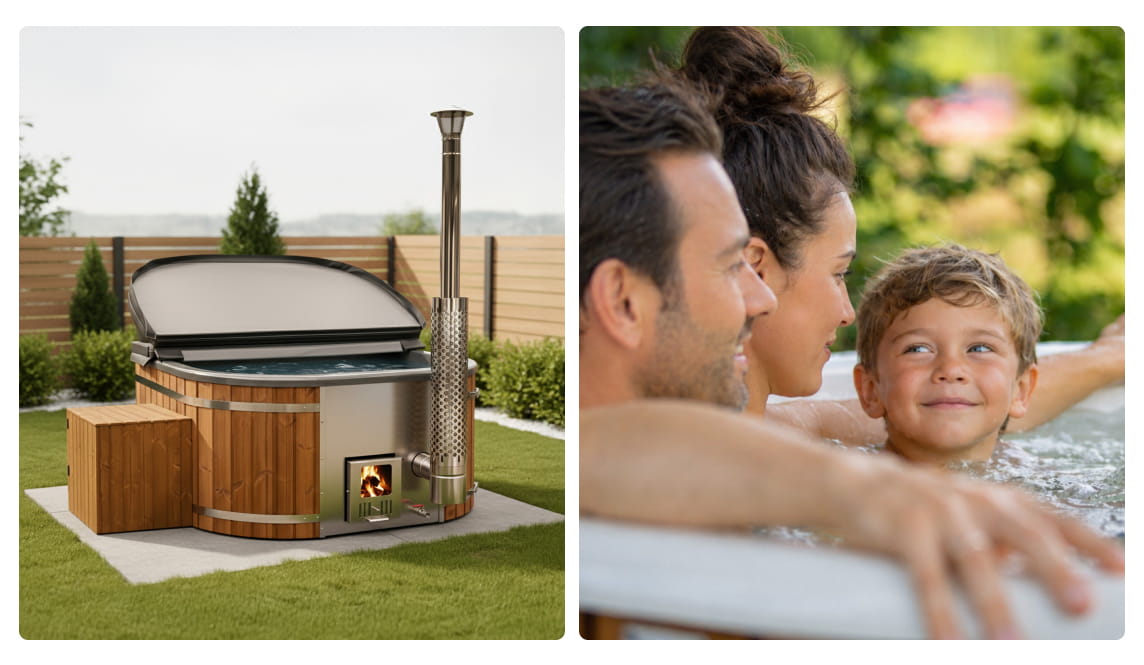 bain nordique sur l'herbe avec mobilier de jardin et famille à bain nordique