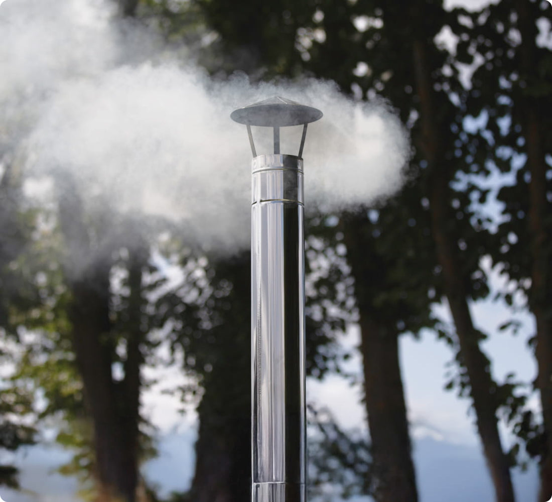 Une extension de cheminée d'où s'échappe de la fumée, entourée d'arbres