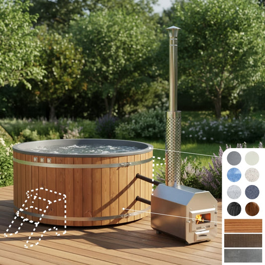 Front view of round 6-8 person wood fired hot tub with external stainless steel heater and wooden panels
