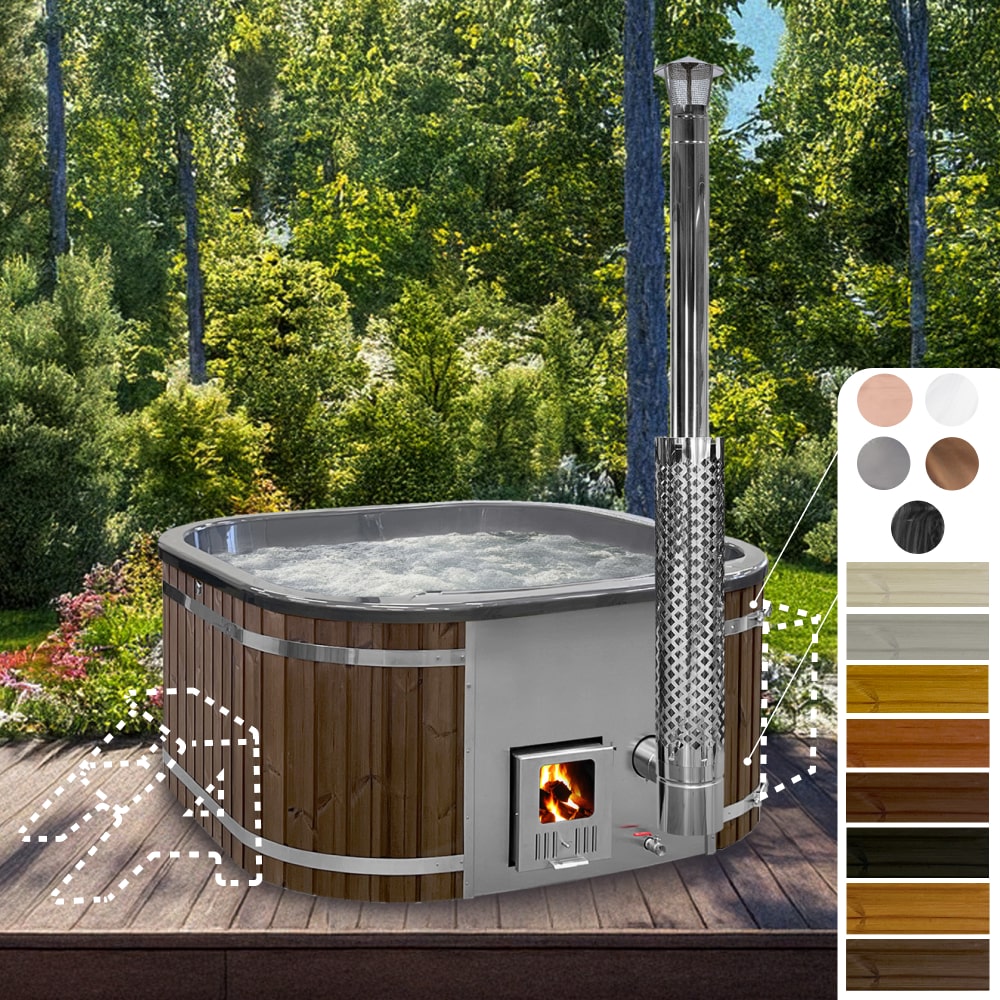 A square-shaped wood fired hot tub with metallic colors, featuring spruce wood paneling and a visible integrated heater with a chimney flue.