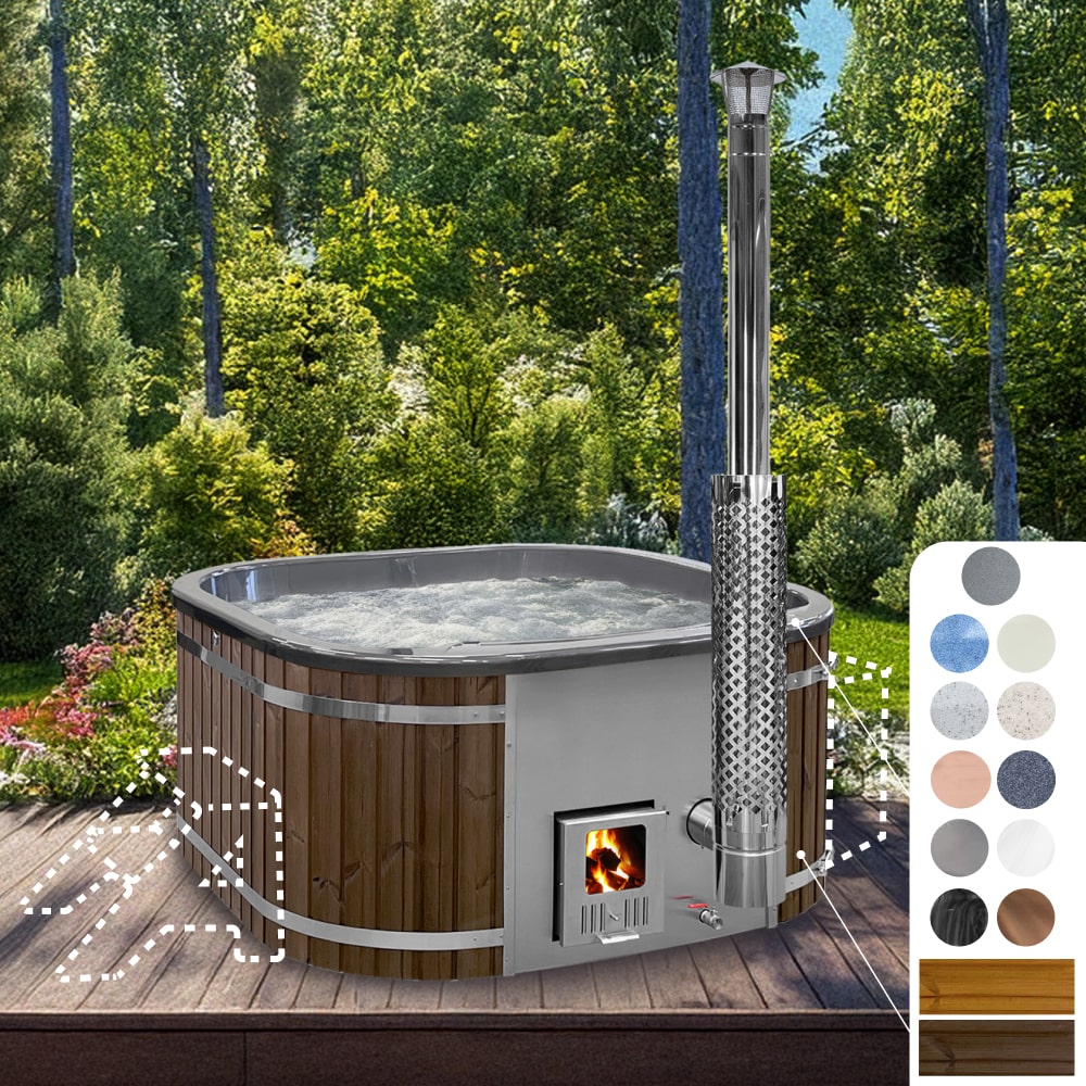 configure square wood fired hot tub for 4-6 persons with integrated stainless steel heater and ThermoWood cladding in outdoor forest setting