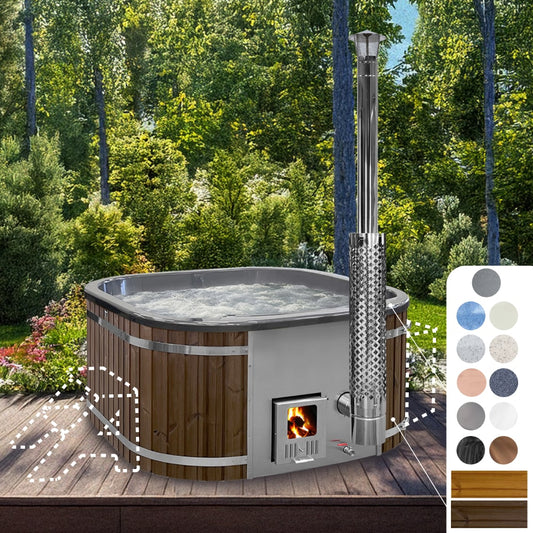 configure square wood fired hot tub with integrated heater and ThermoWood cladding for 4-6 persons