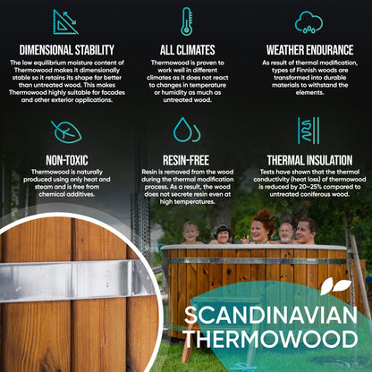 Wood fired hot tub | 12 hydro & 7 air jets | Grey fibreglass insert | for 4-6 Persons | Pre-configured