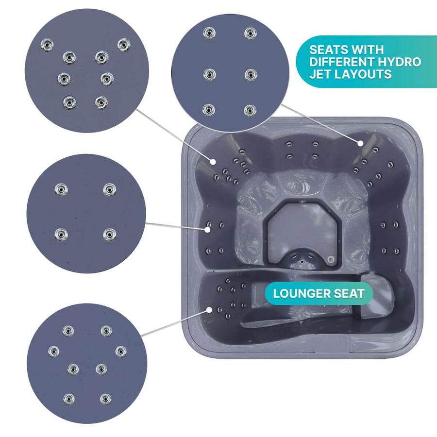 Bain nordique carré premium à bois avec 34 jets hydromassants et banquette allongée – 6 personnes