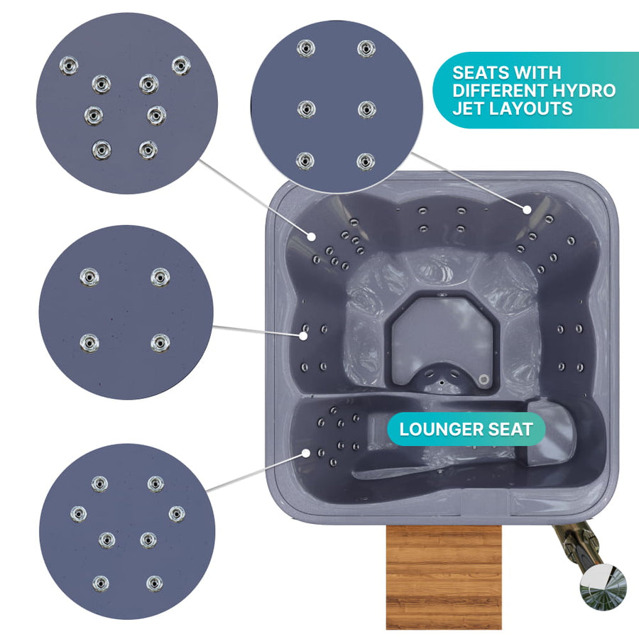 Premium Square Wood-Fired Hot Tub with 34 Hydro Jets & Reclining Lounger – Seats 6