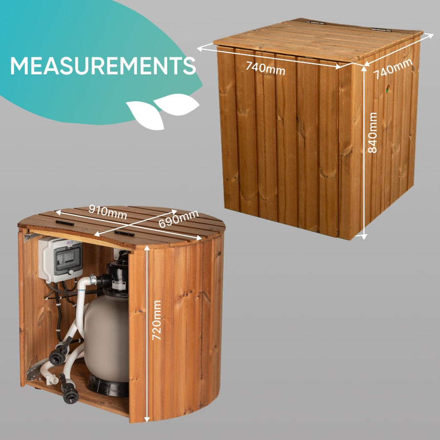Front and top view of wooden premium sand filter boxes with dimensions for wood fired hot tub filtration system