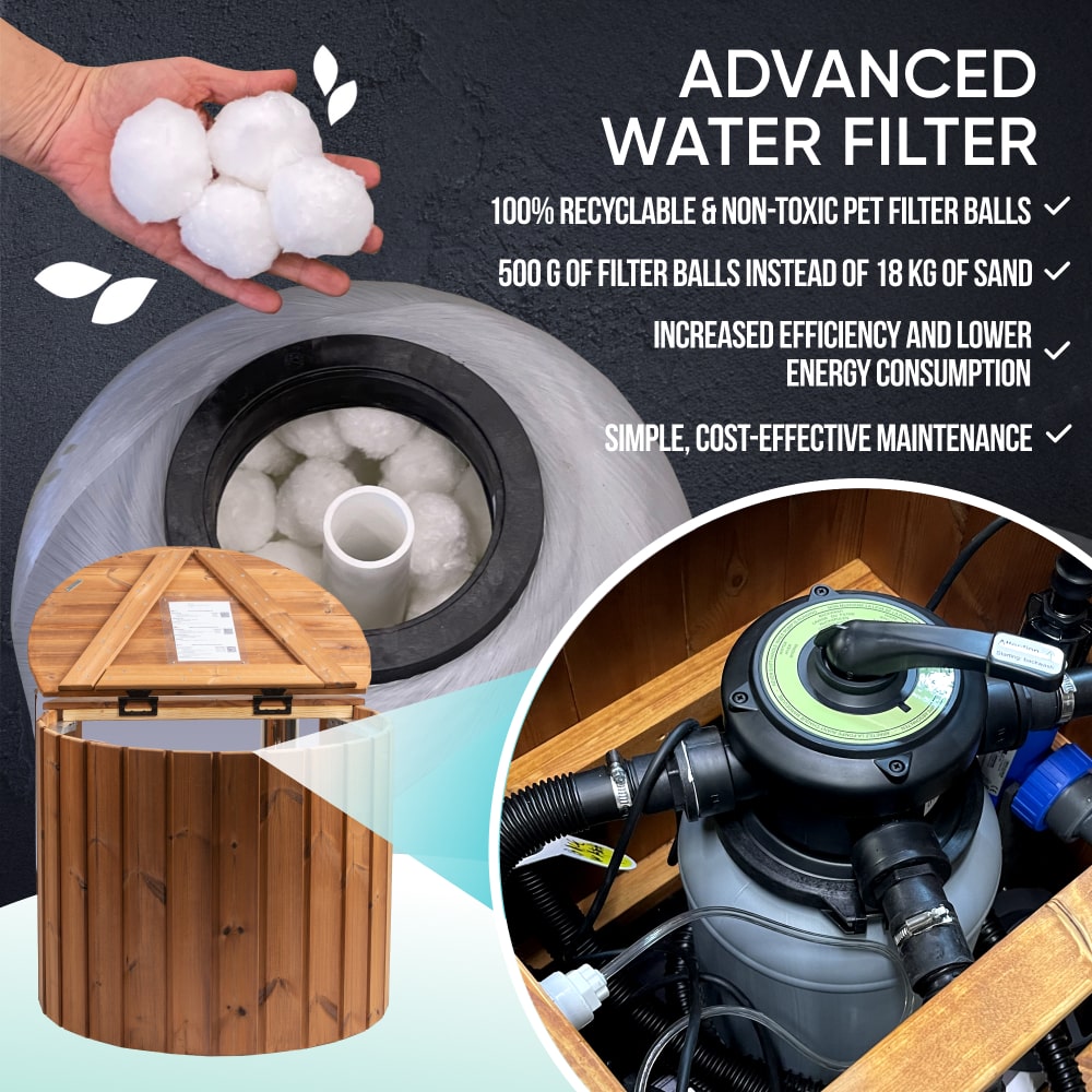 Close-up view of advanced water filter system with recyclable pet filter balls in wood clad hot tub filter housing and multiport valve system