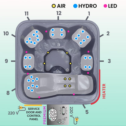Premium Square Wood-Fired Hot Tub with 34 Hydro Jets & Reclining Lounger – Seats 6
