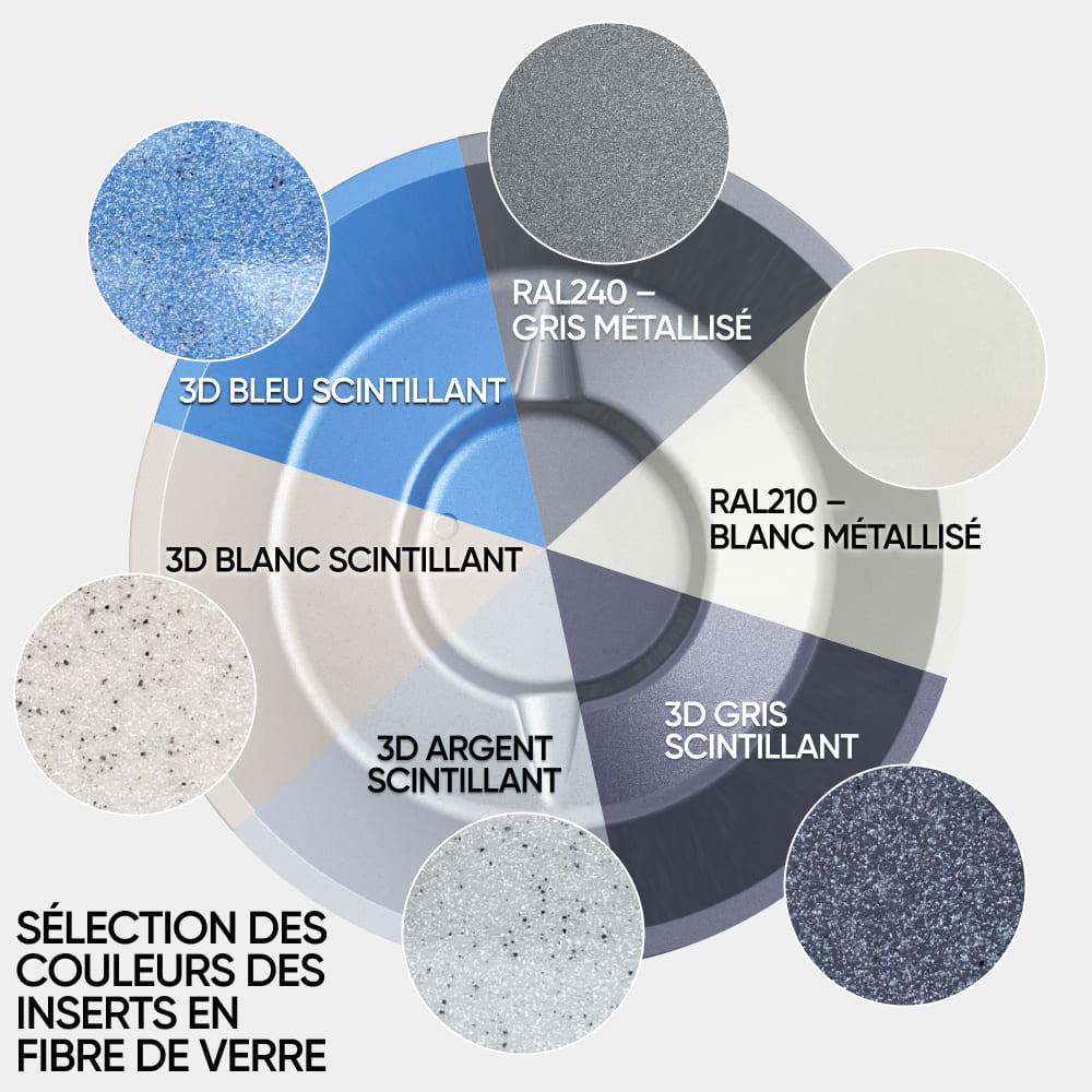 Top-down view of circular color palette showing metallic and shimmering 3D fiberglass insert options labeled in French.
