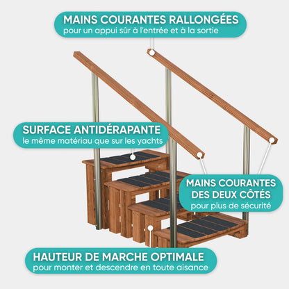 Marches Premium pour bain nordique en Thermowood avec mains courantes des deux côtés, surface antidérapante et quatre marches basses