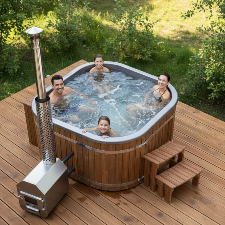 Family enjoying a hot tub on a wooden deck with a garden background