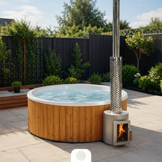 Flat Bottom Wood-Fired Hot Tub with Hydro Jets and LEDs for 4-6 people