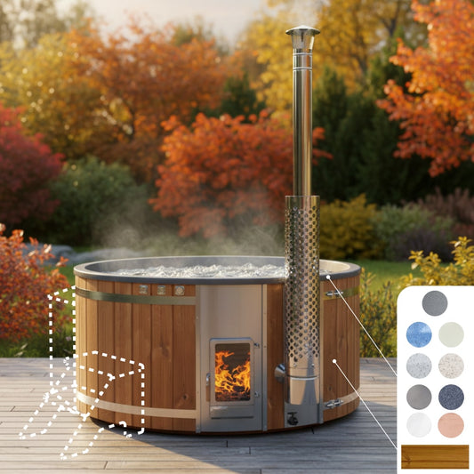 Front view of configurable 4-6 seater wood fired hot tub with stainless steel chimney and wooden exterior panels