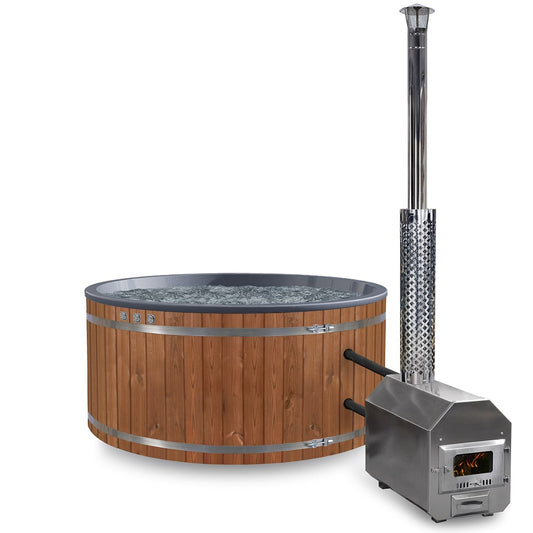 Front view of round 6-8 person wood fired hot tub with external stainless steel heater and wooden panels