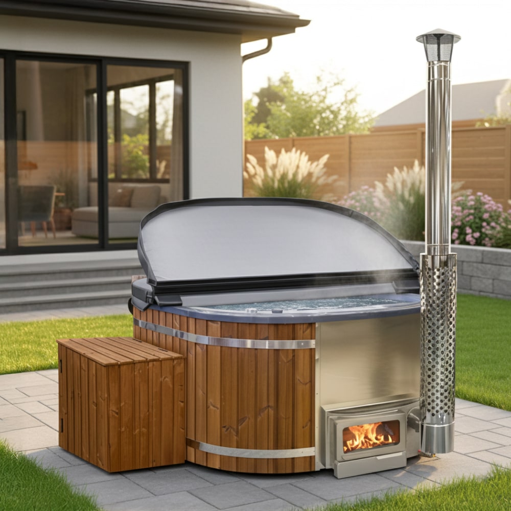Outdoor view of premium 4-8 seater ThermoWood clad whirlpool with stainless steel Horizon wood-fired heater and chimney