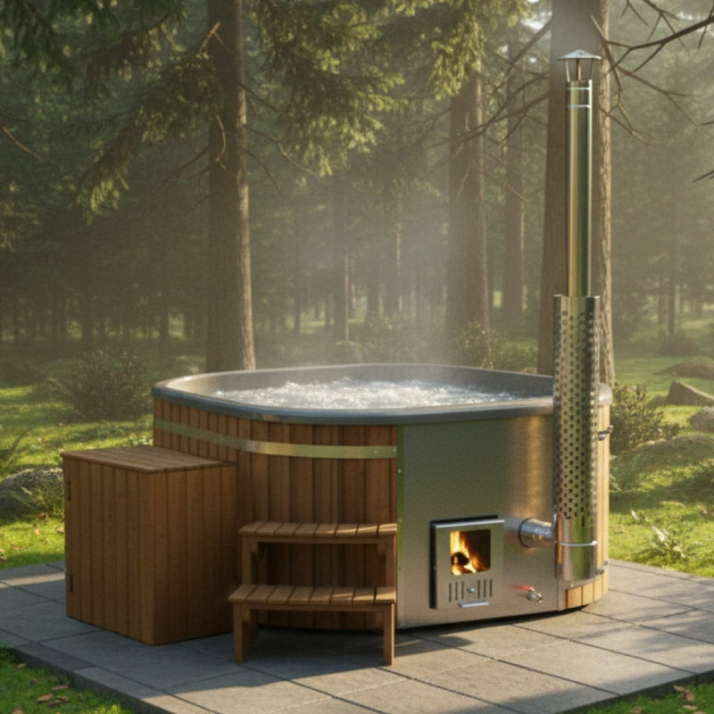 Outdoor view of square 4-6 seater wood fired hot tub with stainless steel stove, wooden steps, and thermowood cladding