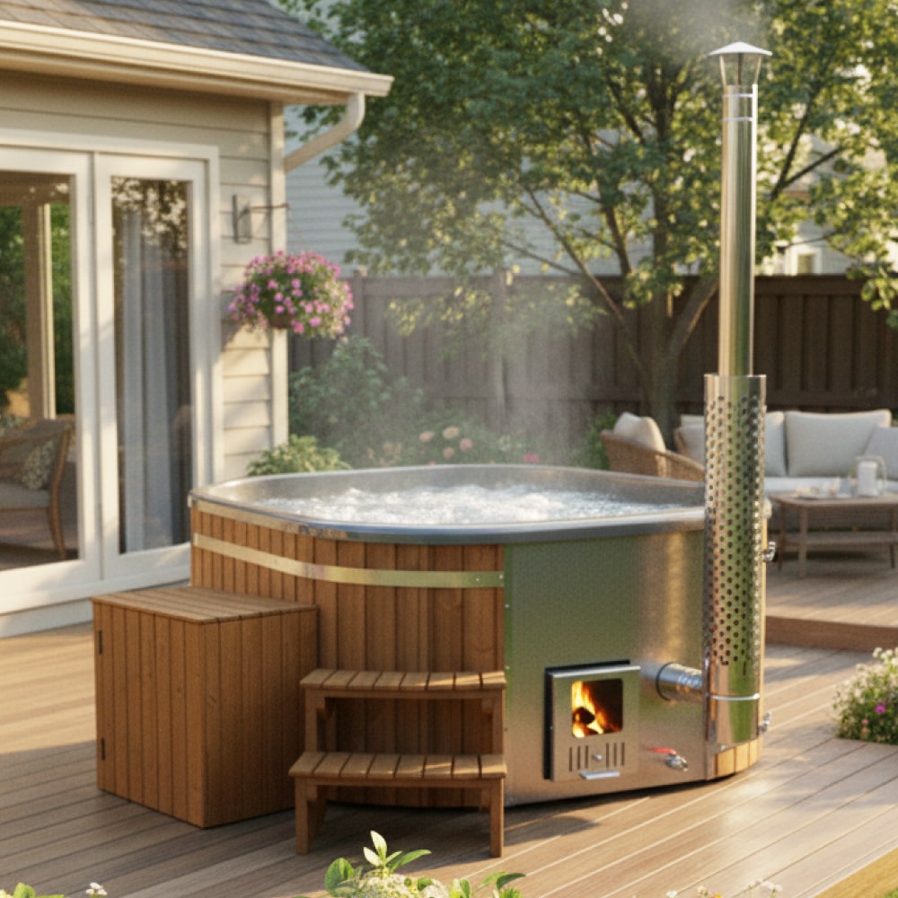 Filtration premium bain nordique carré | Poêle intégré | Système de filtration | 24 jets hydromassants | Pour 4–6 personnes