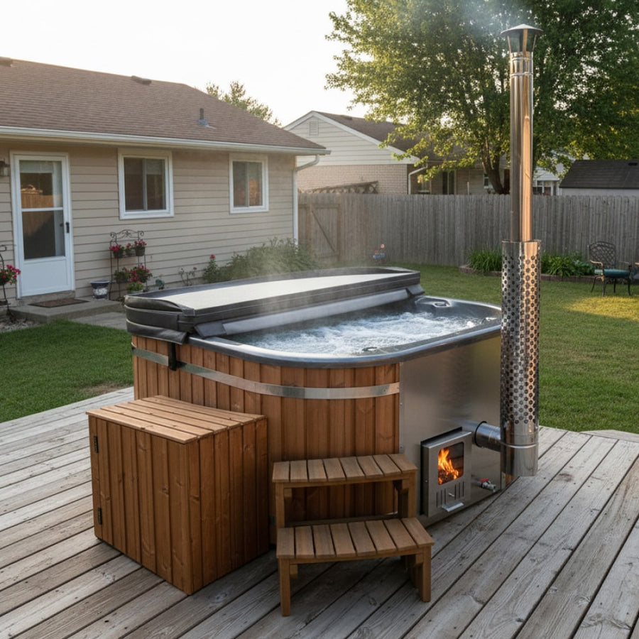 Outdoor view of square 4-6 seater wood fired hot tub with integrated stove, chimney, jets, thermowood cladding, and wooden steps