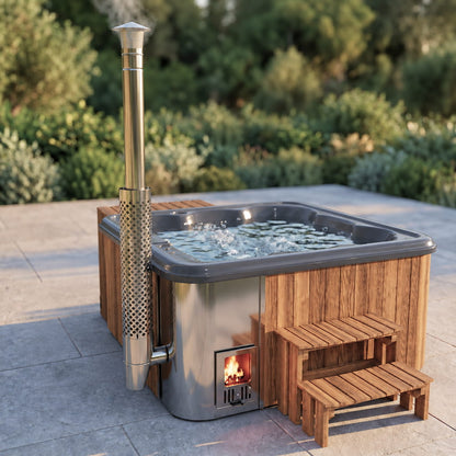 Premium Square Wood-Fired Hot Tub with 34 Hydro Jets & Reclining Lounger – Seats 6