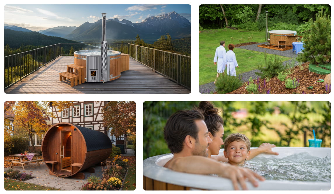 Collage of hot tubs in various settings including a mountain view, garden, and outdoor setting with family.