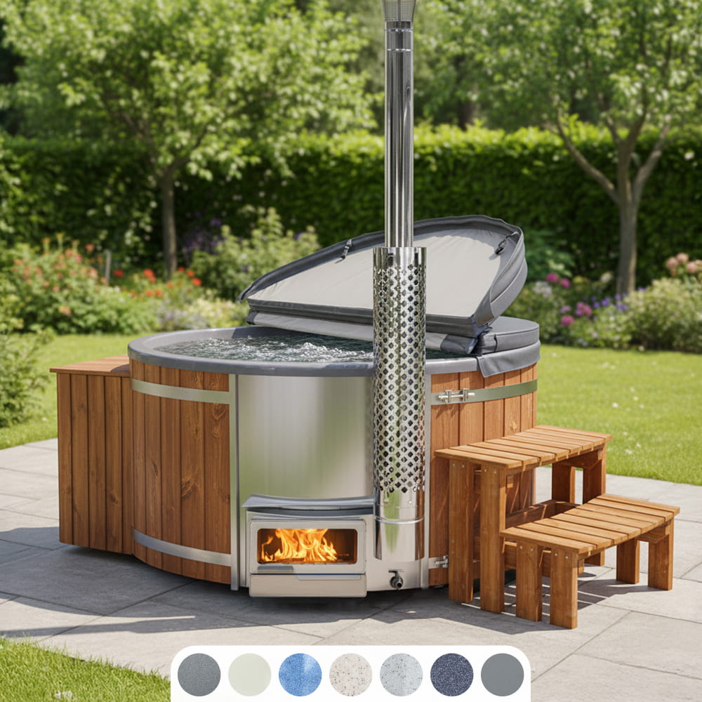 bain nordique rond chauffé au bois avec poêle Horizon, revêtement en bois et terrasse de jardin
