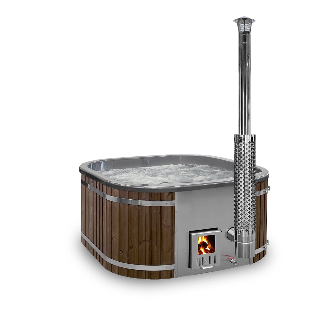 configure square wood fired hot tub with integrated heater and ThermoWood cladding for 4-6 persons