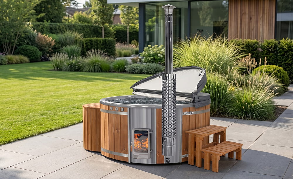 Bain-marie extérieur au feu de bois avec poêle Verta et filtre dans un cadre de jardin