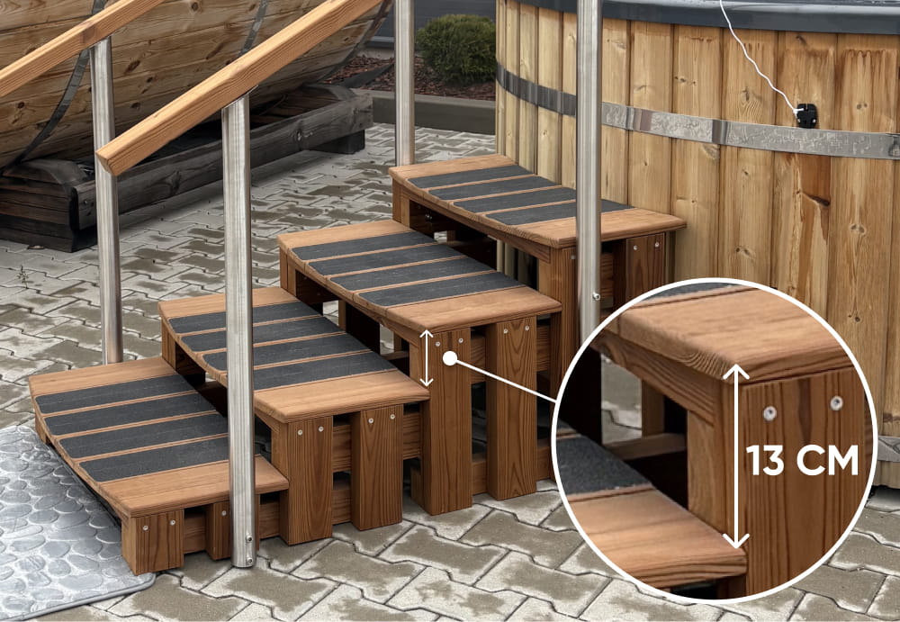 Premium hot tub steps in Thermowood with non-slip treads beside a wooden hot tub, with a close-up showing the low 13 cm step height
