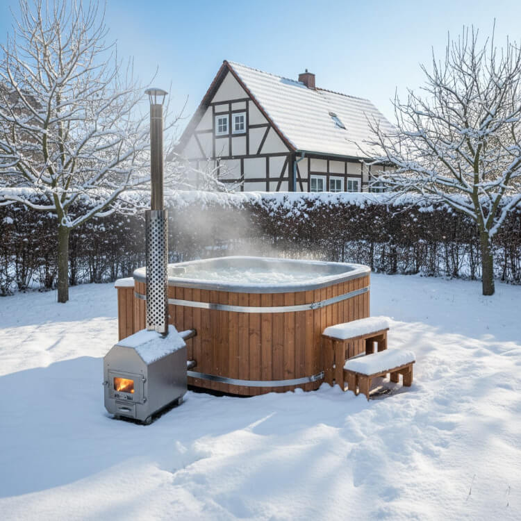 Wooden hot tub with a stove in a snowy backyard
