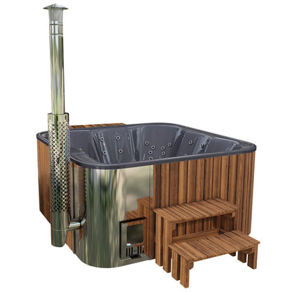 Premium Square Wood-Fired Hot Tub with 34 Hydro Jets & Reclining Lounger – Seats 6