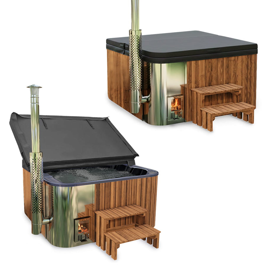 Bain nordique carré premium à bois avec 34 jets hydromassants et banquette allongée – 6 personnes