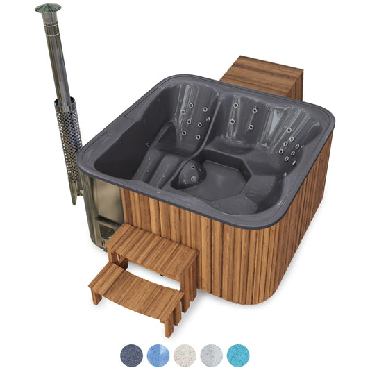 Bain nordique carré premium à bois avec 34 jets hydromassants et banquette allongée – 6 personnes
