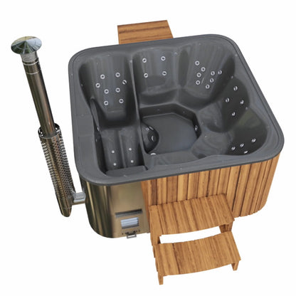 Premium Square Wood-Fired Hot Tub with 34 Hydro Jets & Reclining Lounger – Seats 6