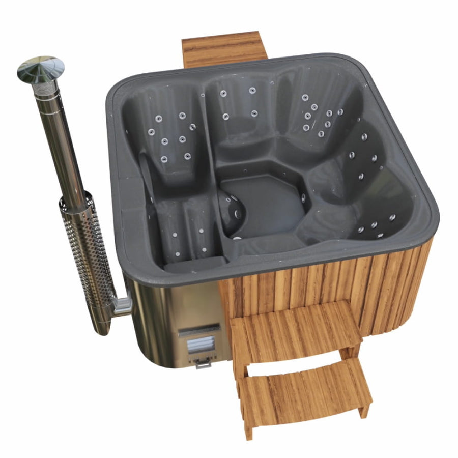 Bain nordique carré premium à bois avec 34 jets hydromassants et banquette allongée – 6 personnes