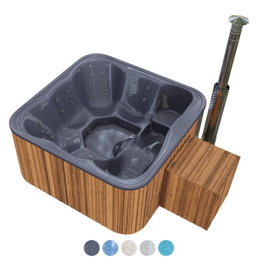 Hot tub with hydro jets, flter, chimney wooden exterior and gray interior on a white background