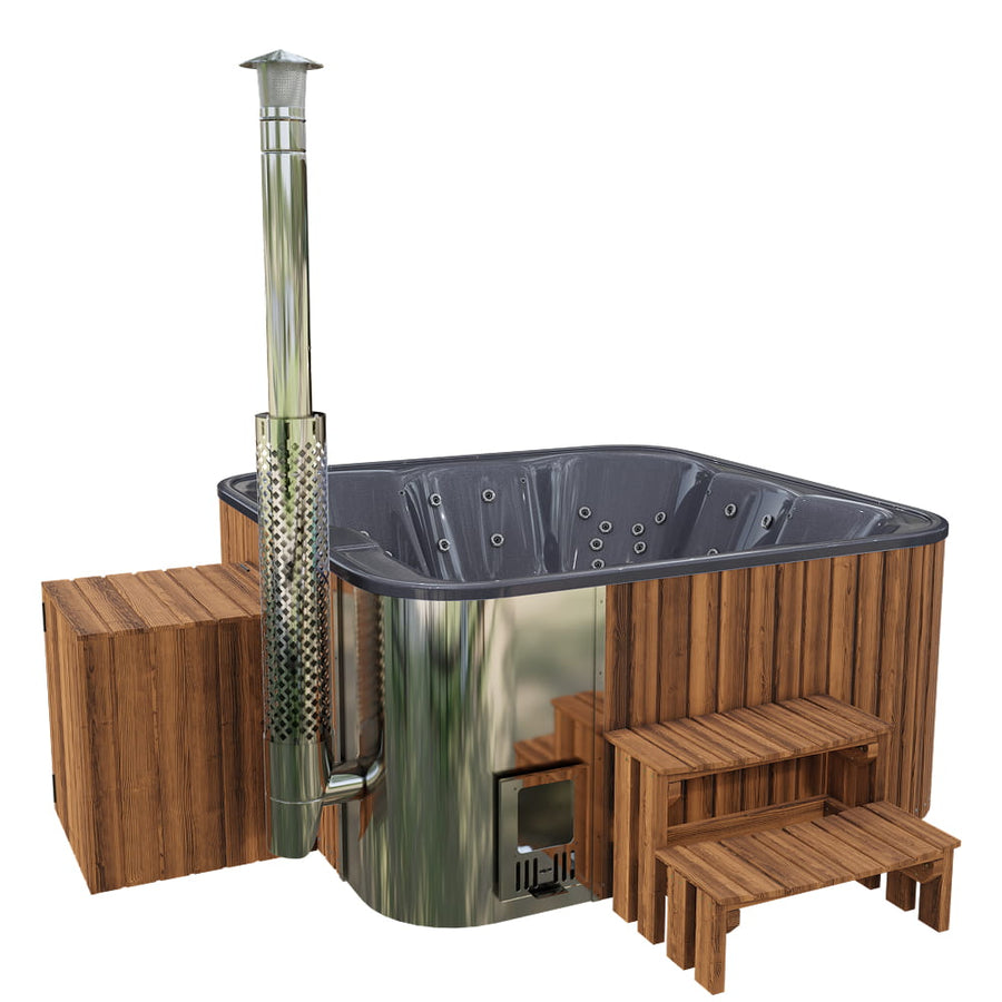 Premium Square Wood-Fired Hot Tub with 34 Hydro Jets & Reclining Lounger – Seats 6