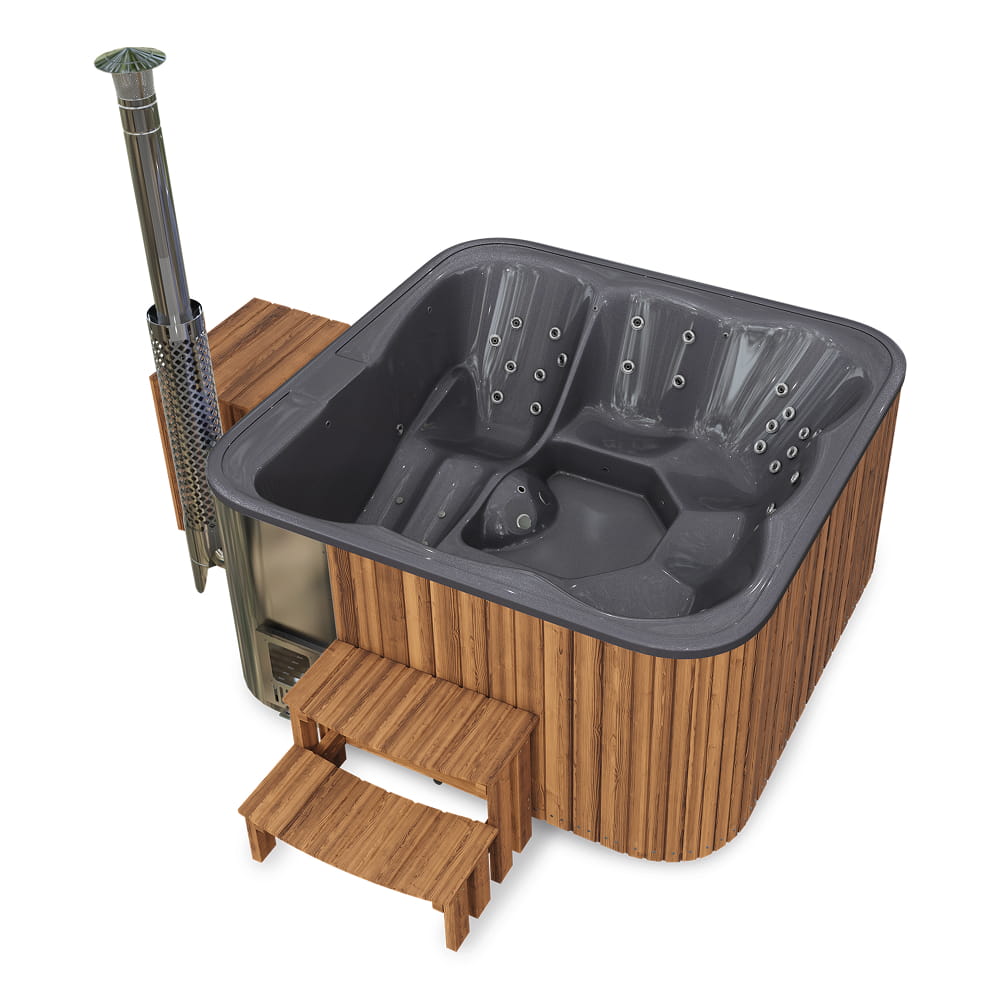 Square wood-fired hot tub with a reclining seat, hydro massage jets, wooden exterior and matching steps on a white background