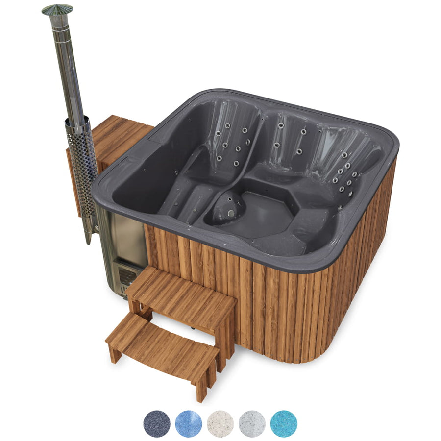 Bain nordique carré premium à bois avec 34 jets hydromassants et banquette allongée – 6 personnes