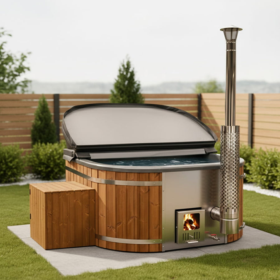 All Inclusive Wood Fired Hot Tub | Square with Air & Hydro Jets | Sand filter & UV-C | 4–6 seater
