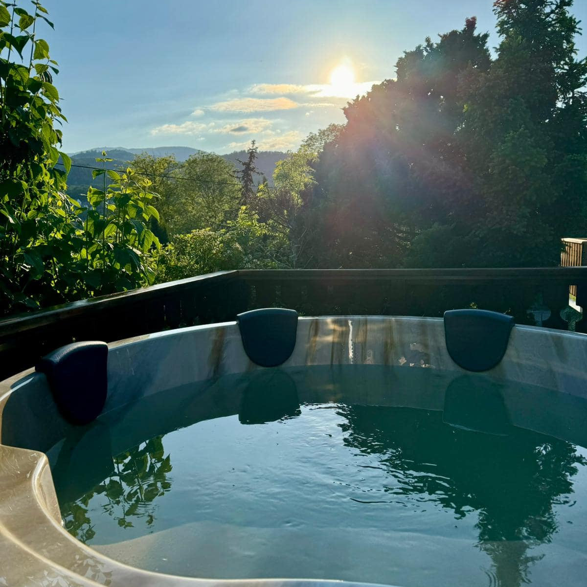 Gardenvity customer photo of a hot tub in a garden at sunset