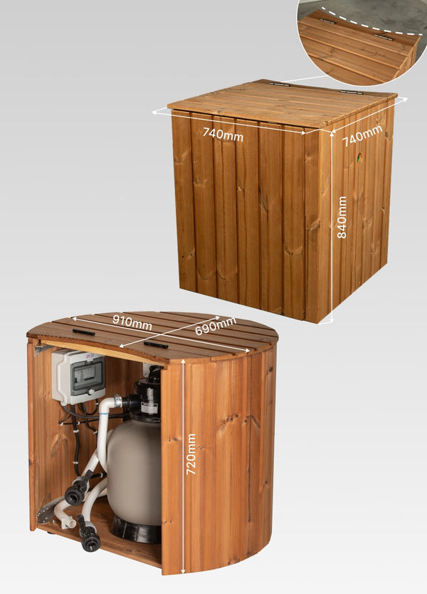Front and top views of a wooden equipment enclosure with dimensions and internal pool filter system visible inside