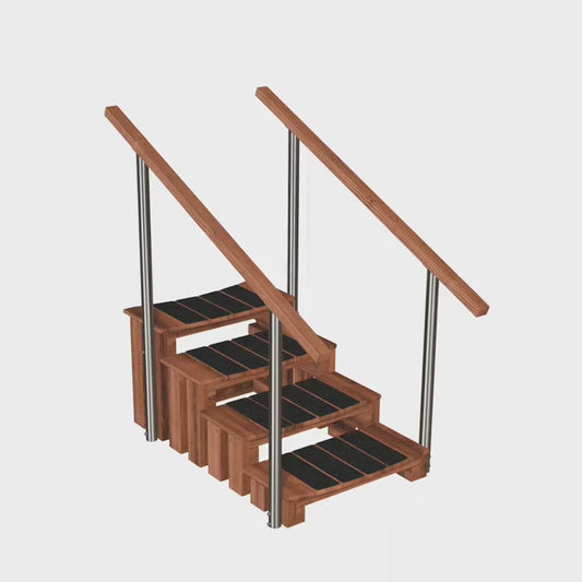 Vue extérieure d'un bain nordique rond chauffé au bois avec cheminée en acier inoxydable, marches en bois et abri sur la terrasse.