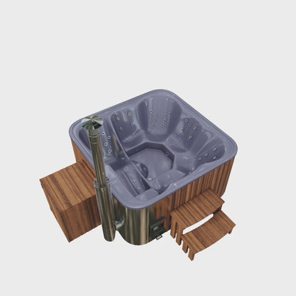 Premium Square Wood-Fired Hot Tub with 34 Hydro Jets & Reclining Lounger – Seats 6