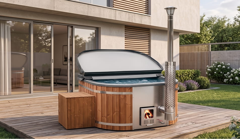 bain nordique carré avec extérieur en bois et accents métalliques sur une terrasse.