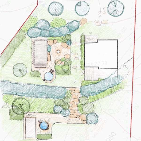 Plan d'un jardin indiquant l'emplacement idéal du bain nordique chauffé au bois Gardenvity